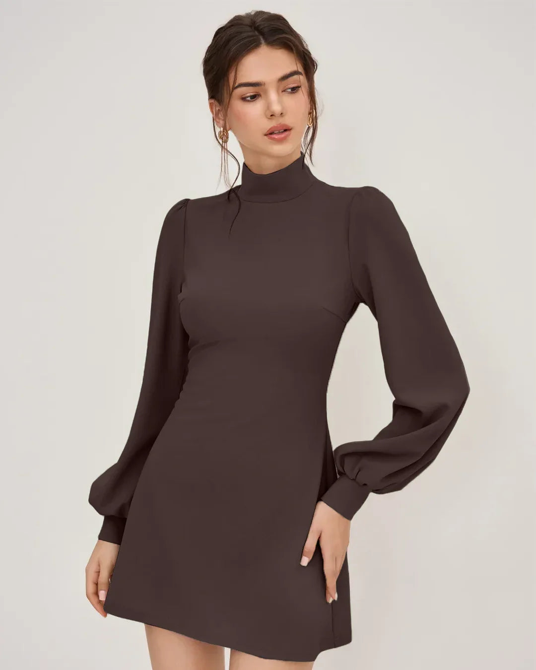 Chocolate Long Sleeve Puff Shoulder Mini Dress