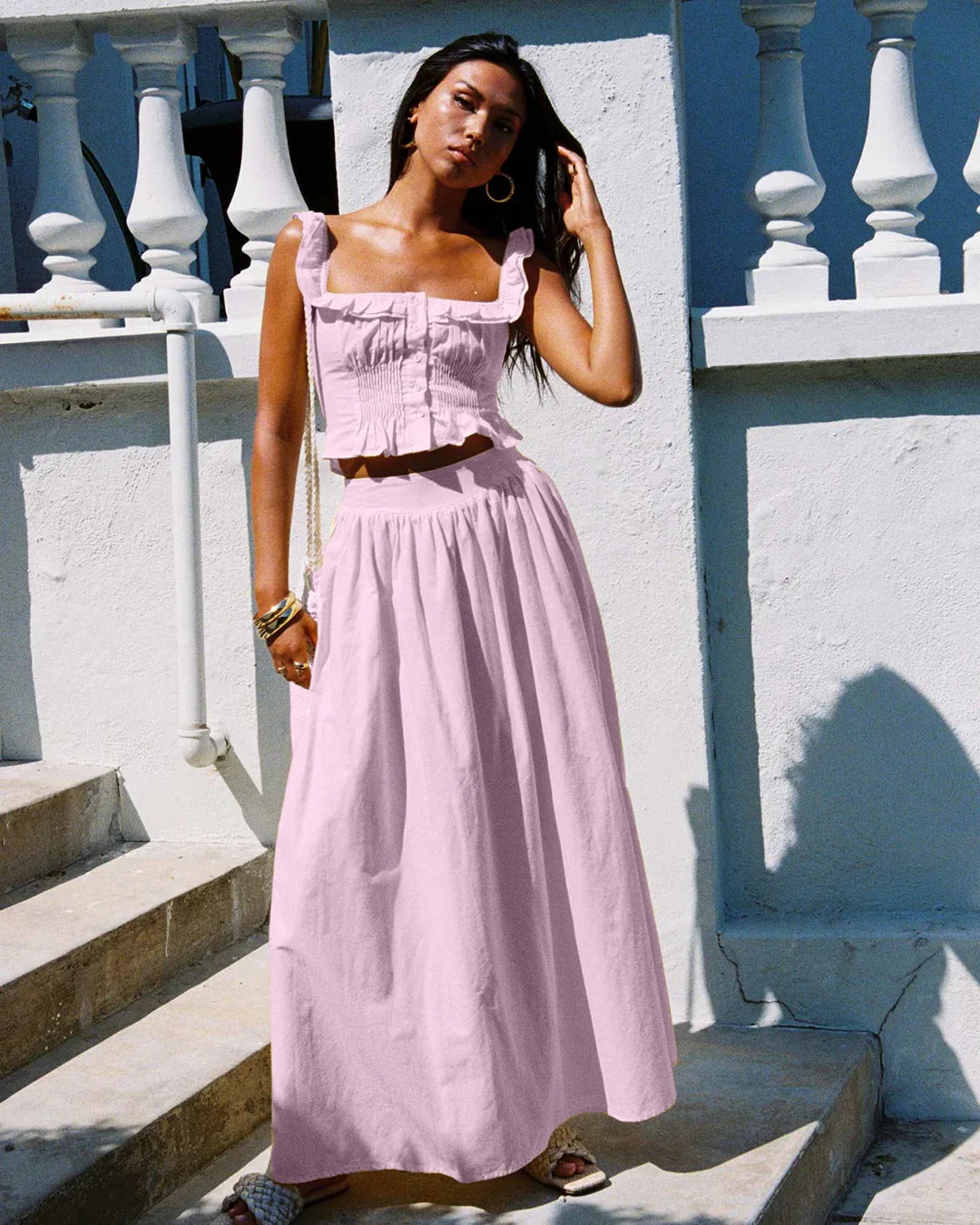 Pink Ruffle Strap Crop Top & Maxi Skirt Co-ords Set