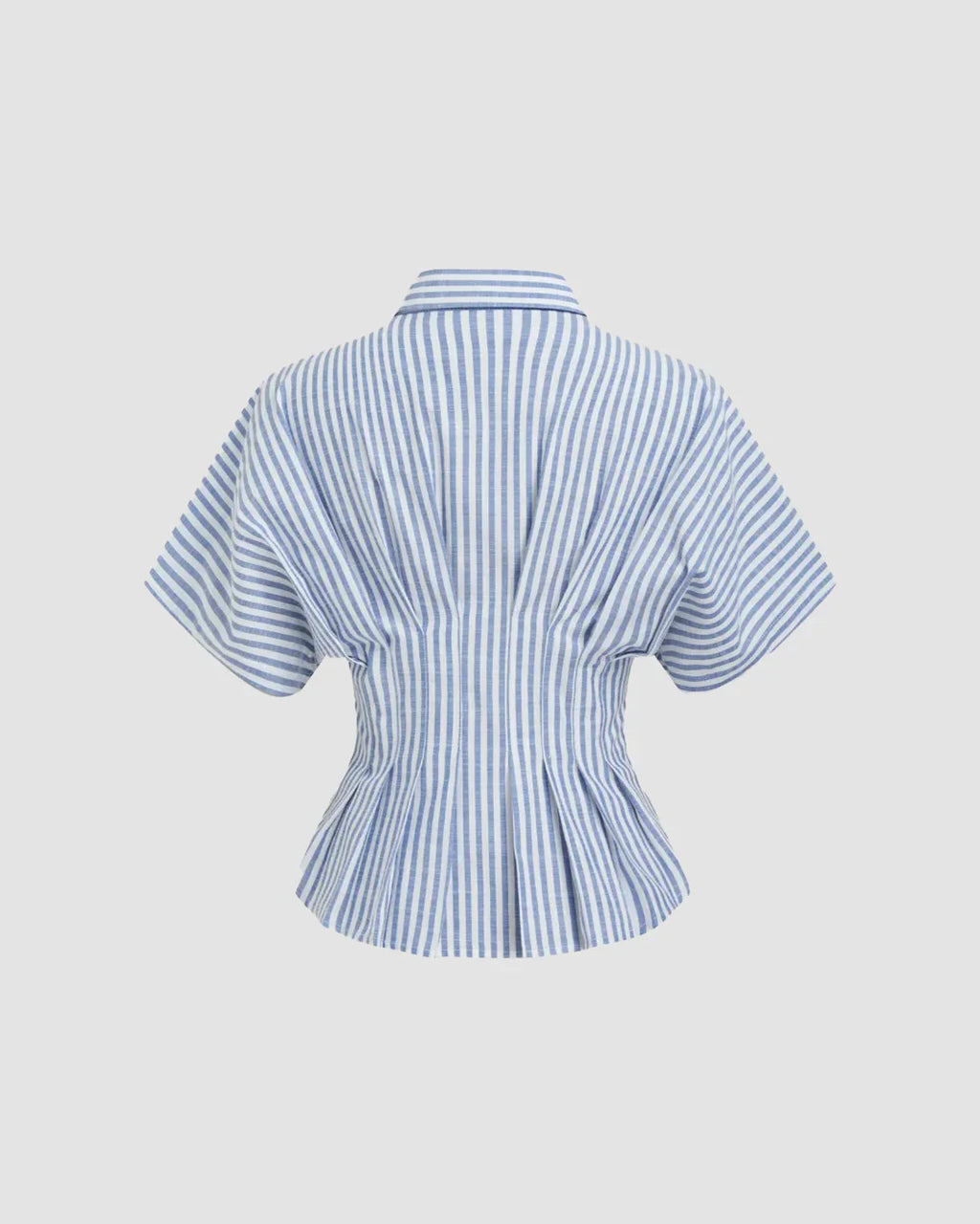 Blue Striped Collared Short Sleeve Cinched Shirt Top