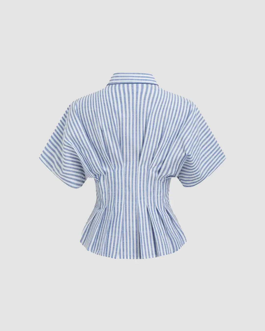 Blue Striped Collared Short Sleeve Cinched Shirt Top