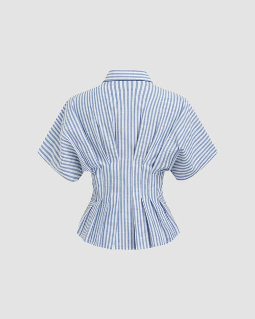 Blue Striped Collared Short Sleeve Cinched Shirt Top