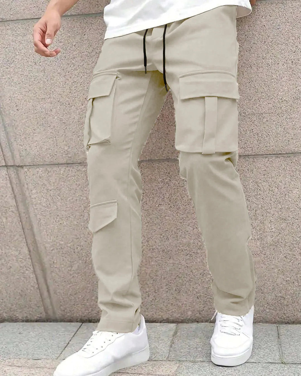 Men Solid Color Front Tie Pocket Simple Casual Straight Leg Cargo Pants In Light Grey