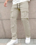 Men Solid Color Front Tie Pocket Simple Casual Straight Leg Cargo Pants In Light Grey
