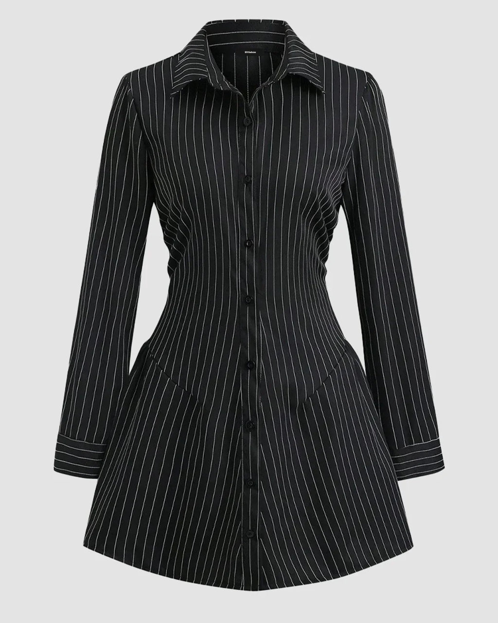 Black Pinstripe Button Down Collared Fit & Flare Full Sleeve Mini Dress