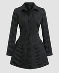Black Pinstripe Button Down Collared Fit & Flare Full Sleeve Mini Dress