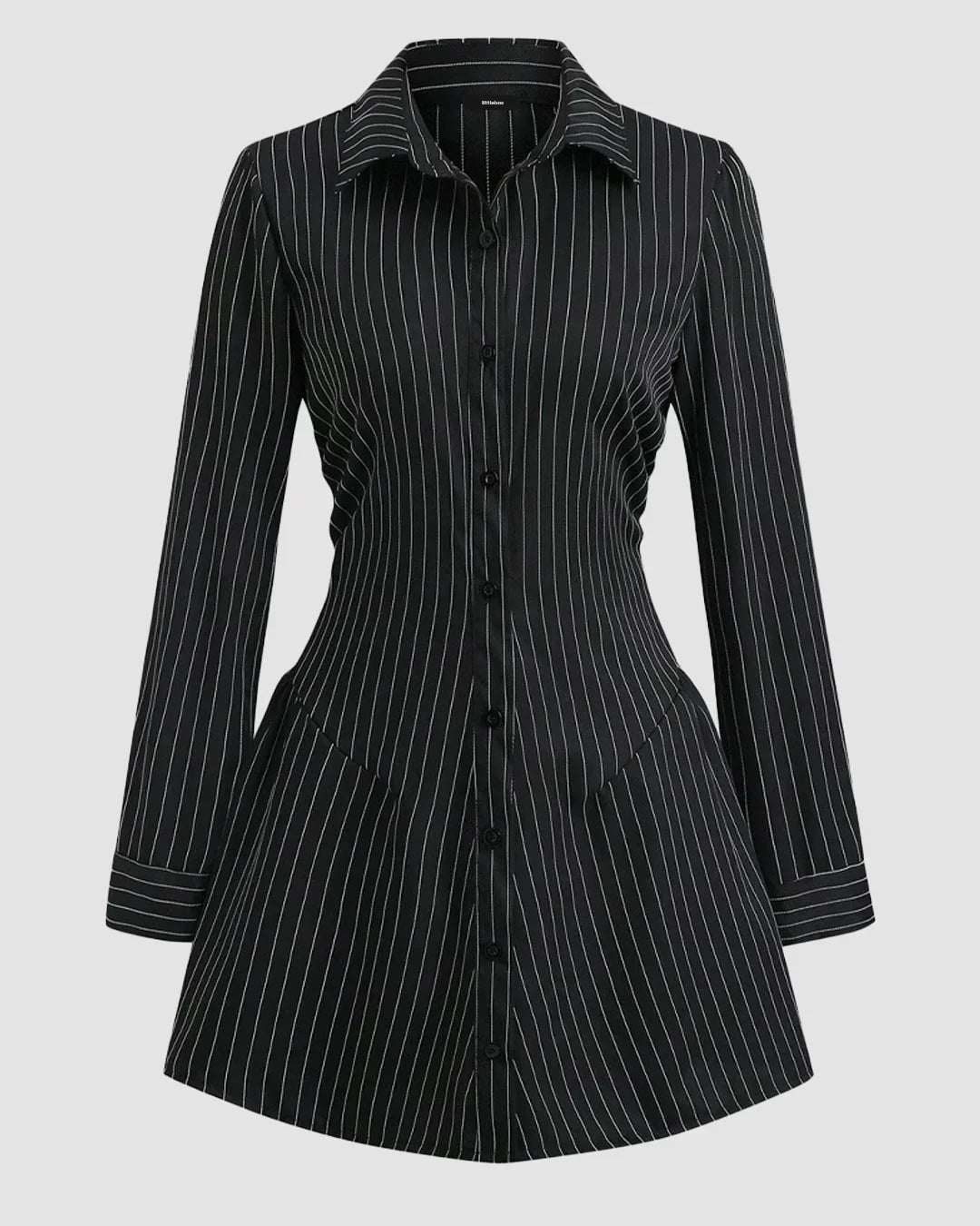 Black Pinstripe Button Down Collared Fit & Flare Full Sleeve Mini Dress