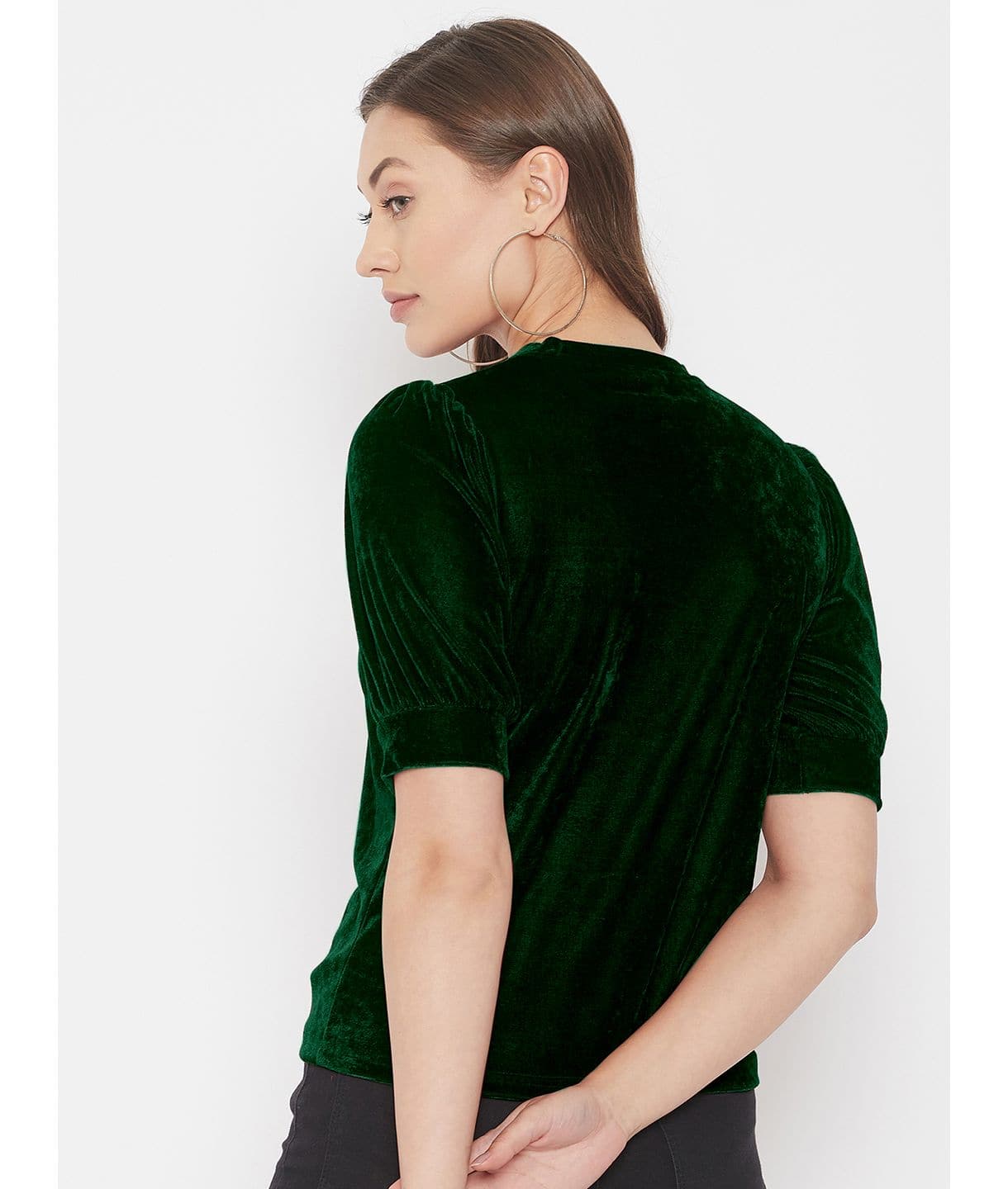 Stretchable Velvet High Neck Puff Sleeve Top