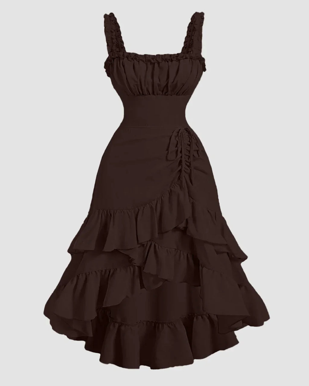Chocolate Fondae Ruched Square Neck Ruffle High-Low Midi Dress with Ruffle Hem