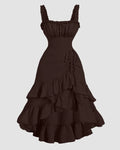 Chocolate Fondae Ruched Square Neck Ruffle High-Low Midi Dress with Ruffle Hem