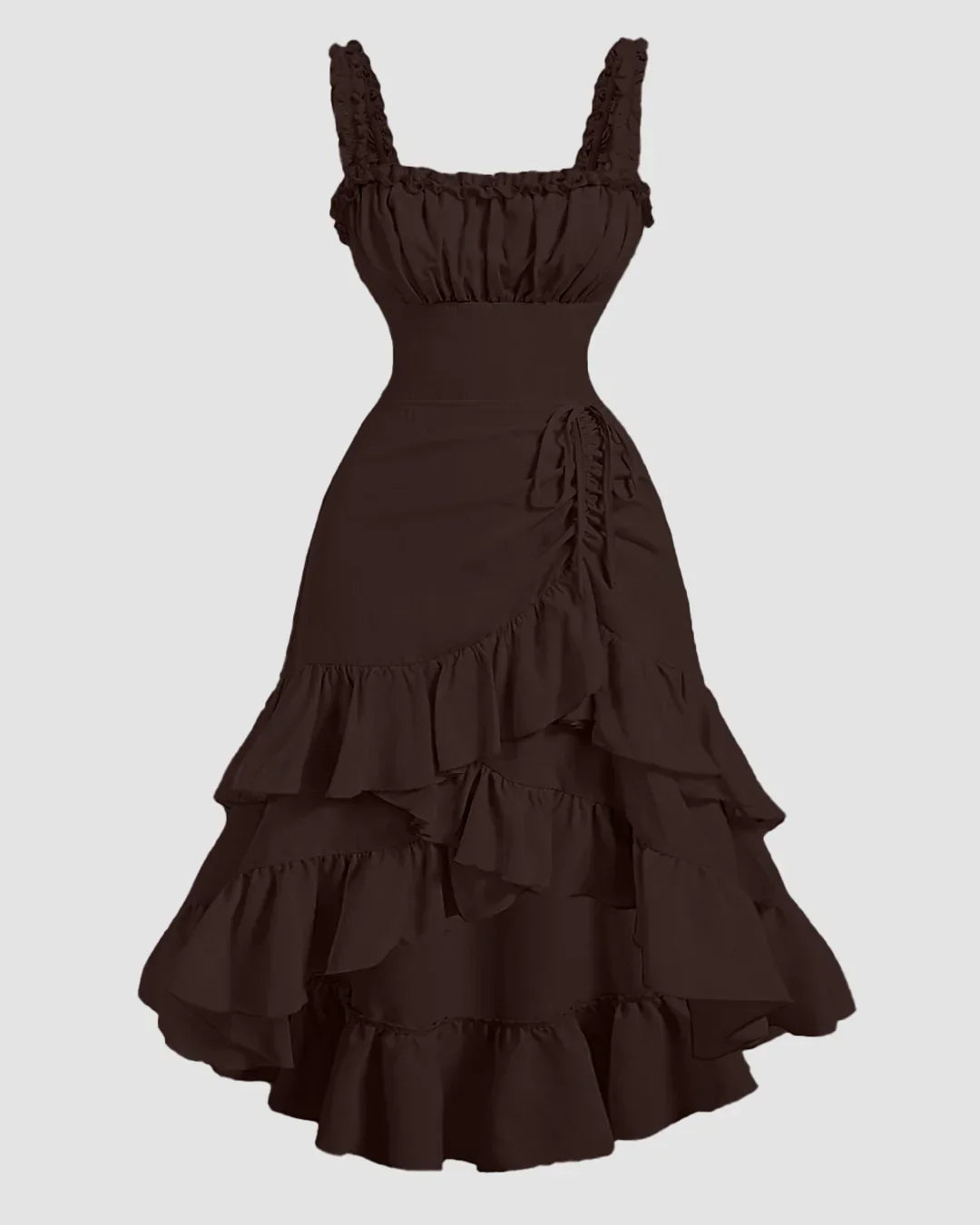 Chocolate Fondae Ruched Square Neck Ruffle High-Low Midi Dress with Ruffle Hem
