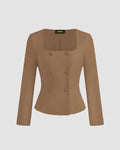 Square Neck Solid Button Bowknot Mud Jacket
