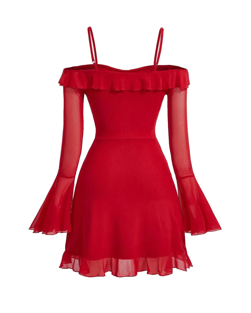 Cold Shoulder Ruffle Trim Flounce Sleeve Dress in Red