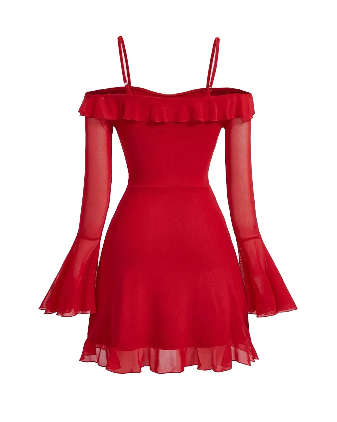 Cold Shoulder Ruffle Trim Flounce Sleeve Dress in Red