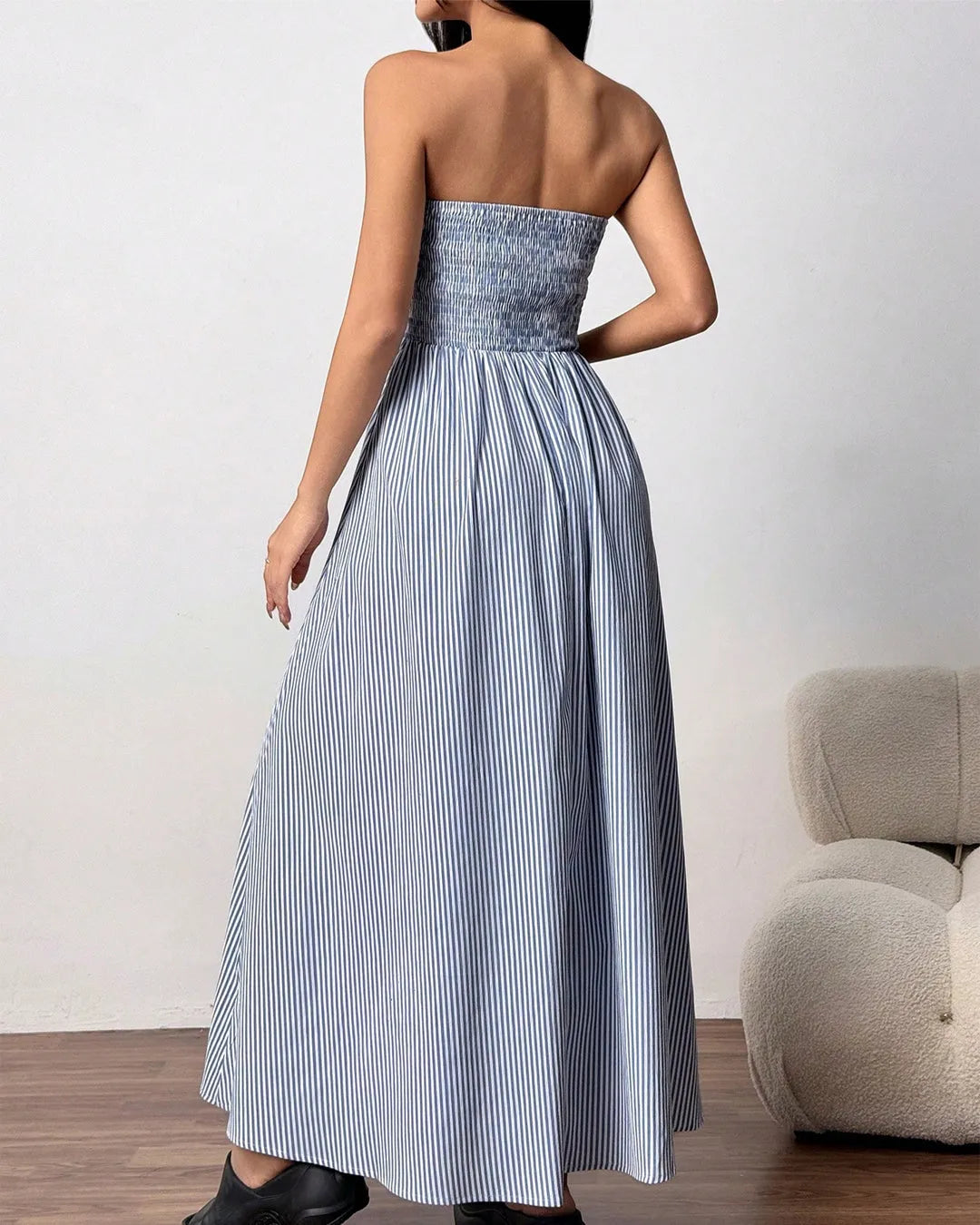 Striped Strapless Maxi Dress with Ruched Bodice and Flowy Skirt