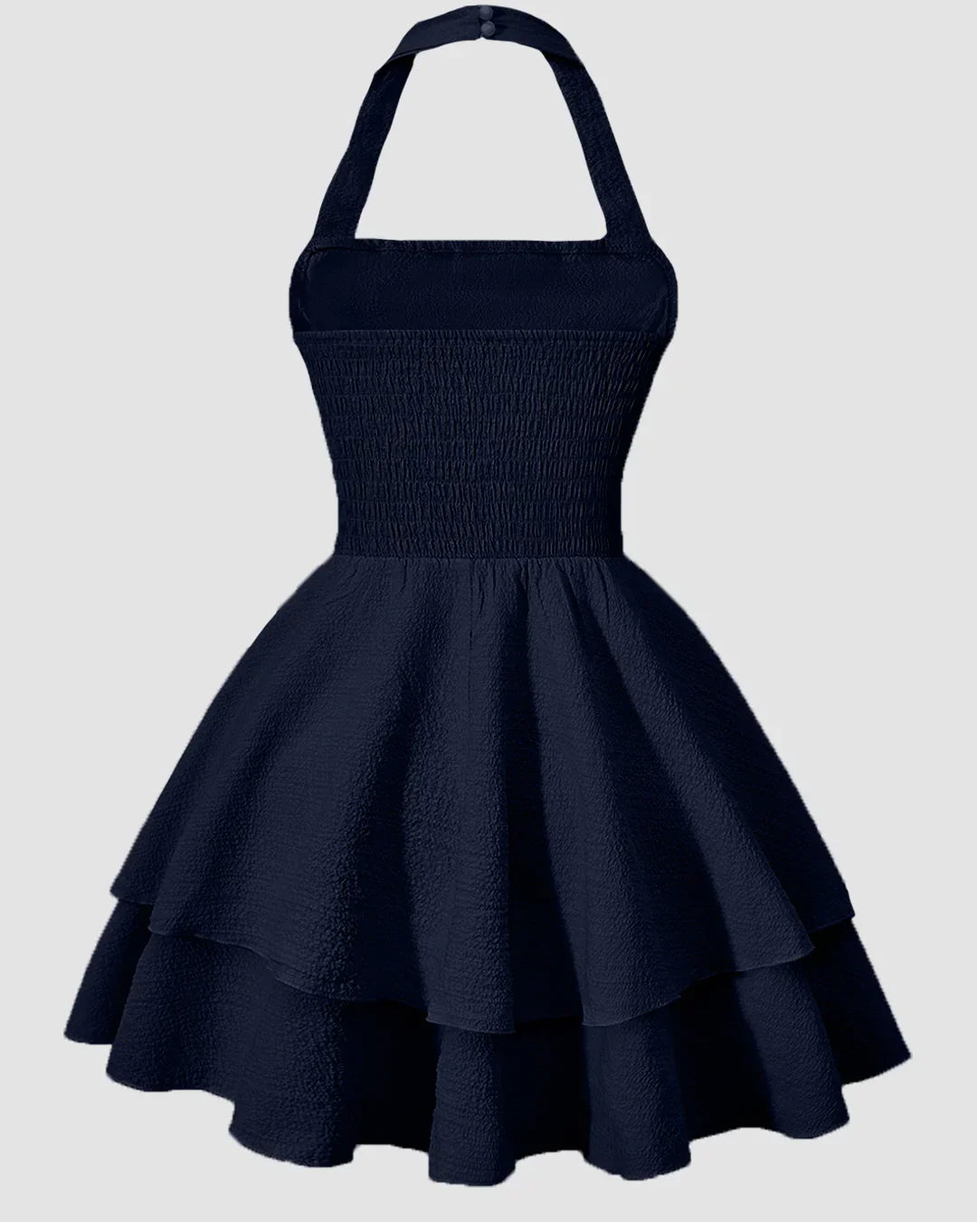 Halter Neck Ruched Waist Tiered Mini Dress in Navy Blue