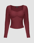 Maroon Ruched Front Mesh Full Sleeve Top