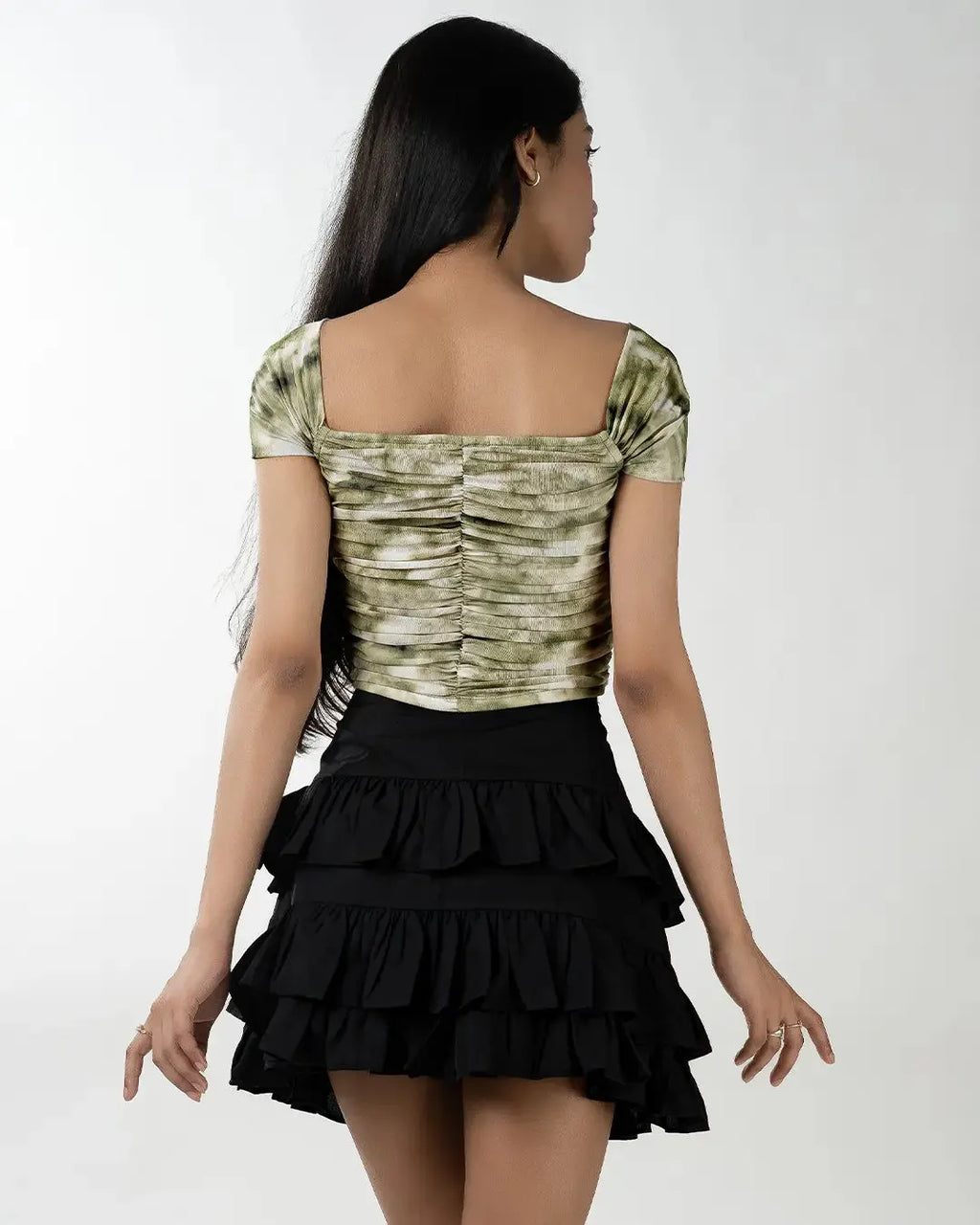 Ruched Tie-Dye Off-Shoulder Puff Sleeve Top