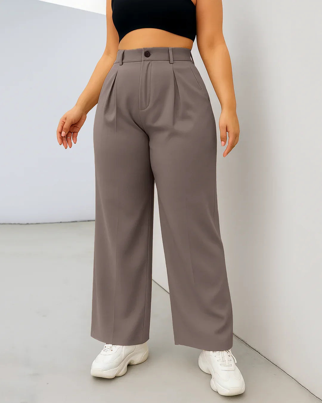 High-Waist Pleated Wide-Leg Trousers in Cappuccino Curve & Plus