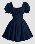 Square Neck Puff Sleeve A-Line Mini Dress in Navy Blue