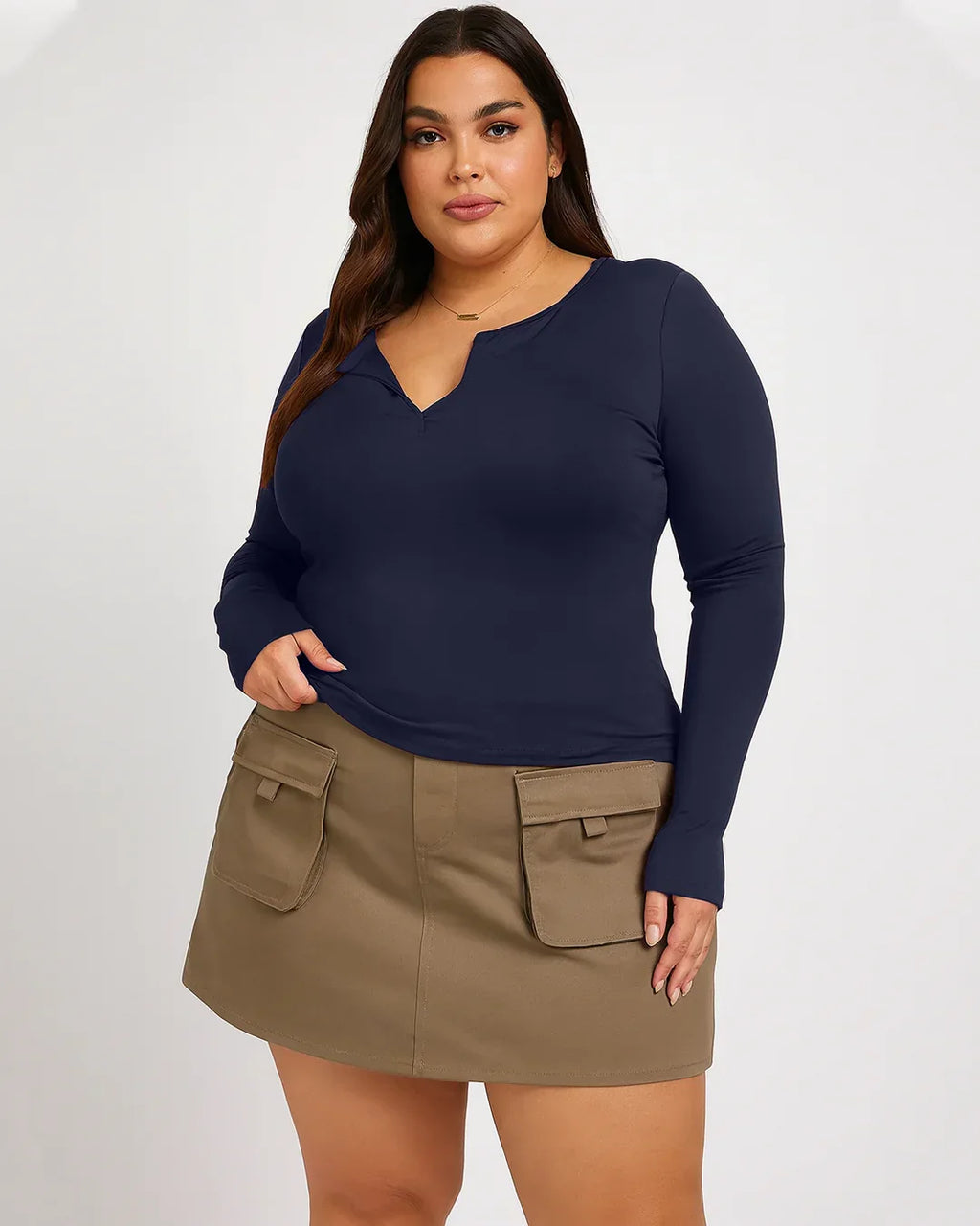 Navy Blue Ribbed Long Sleeve Henley Top Curve & Plus
