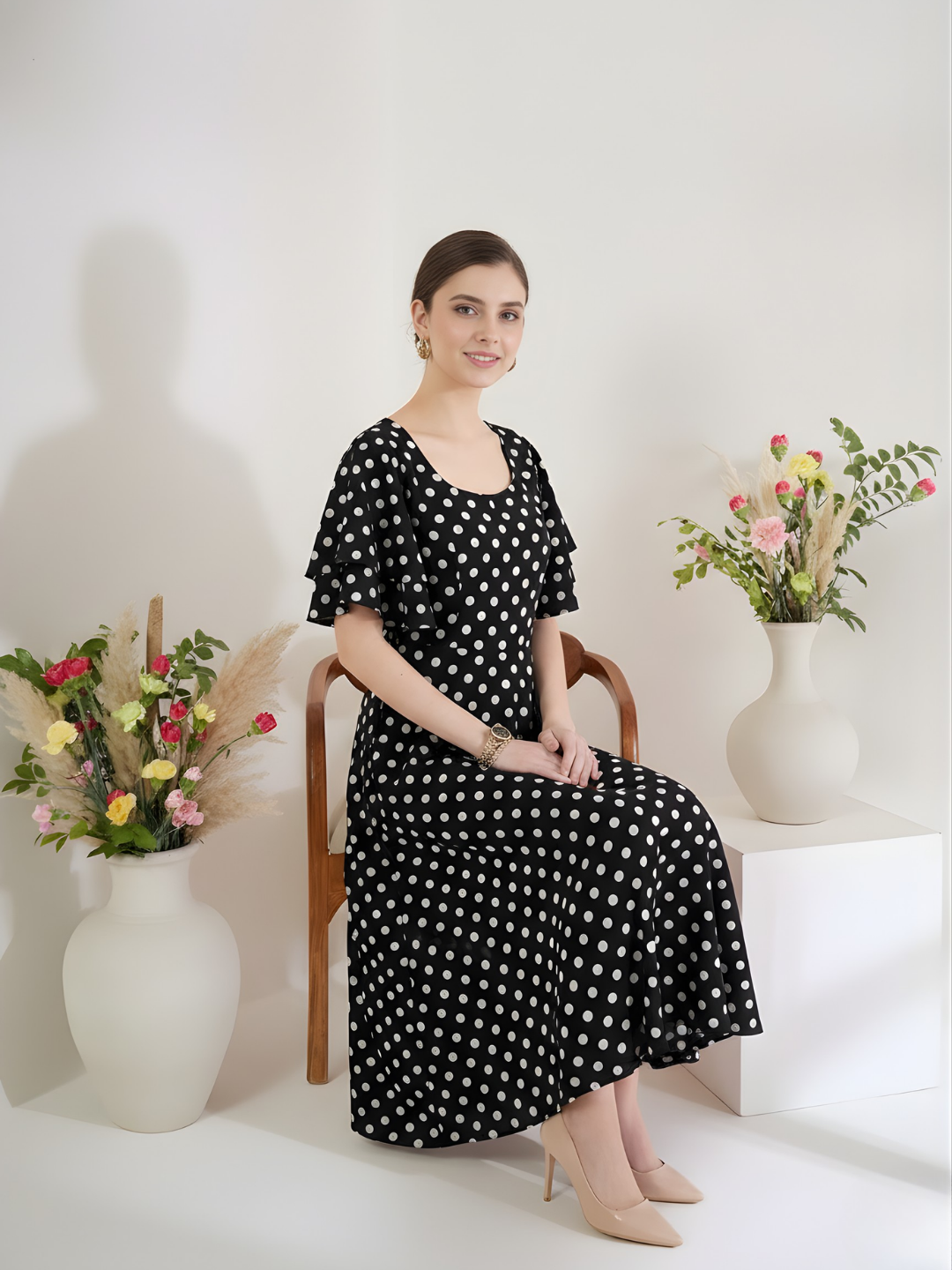 Stretchable Ruffled Sleeve Fit & Flare Dress
