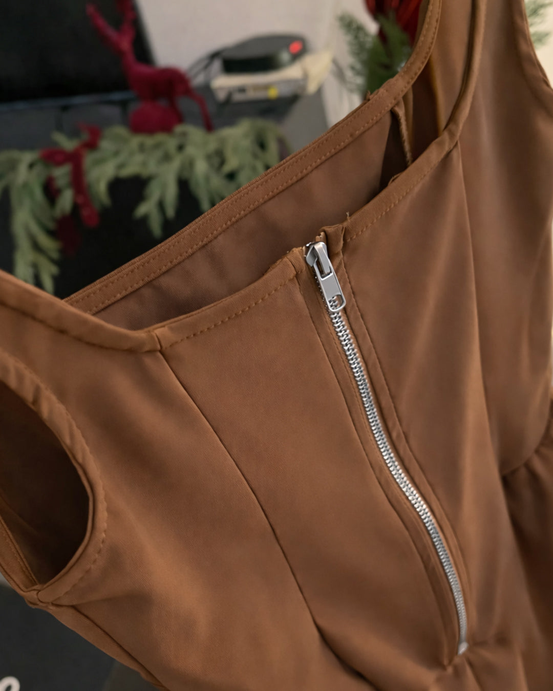 Square neck zipper detail Sleeveless Flared Mini Dress in Brown