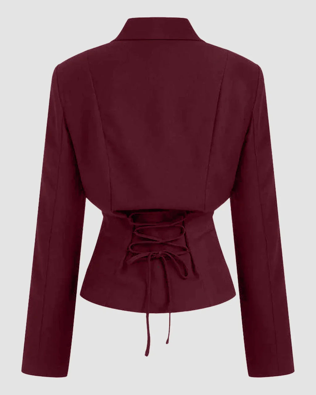 Woven Collar Solid Lace Up Button Blazer In Burgundy