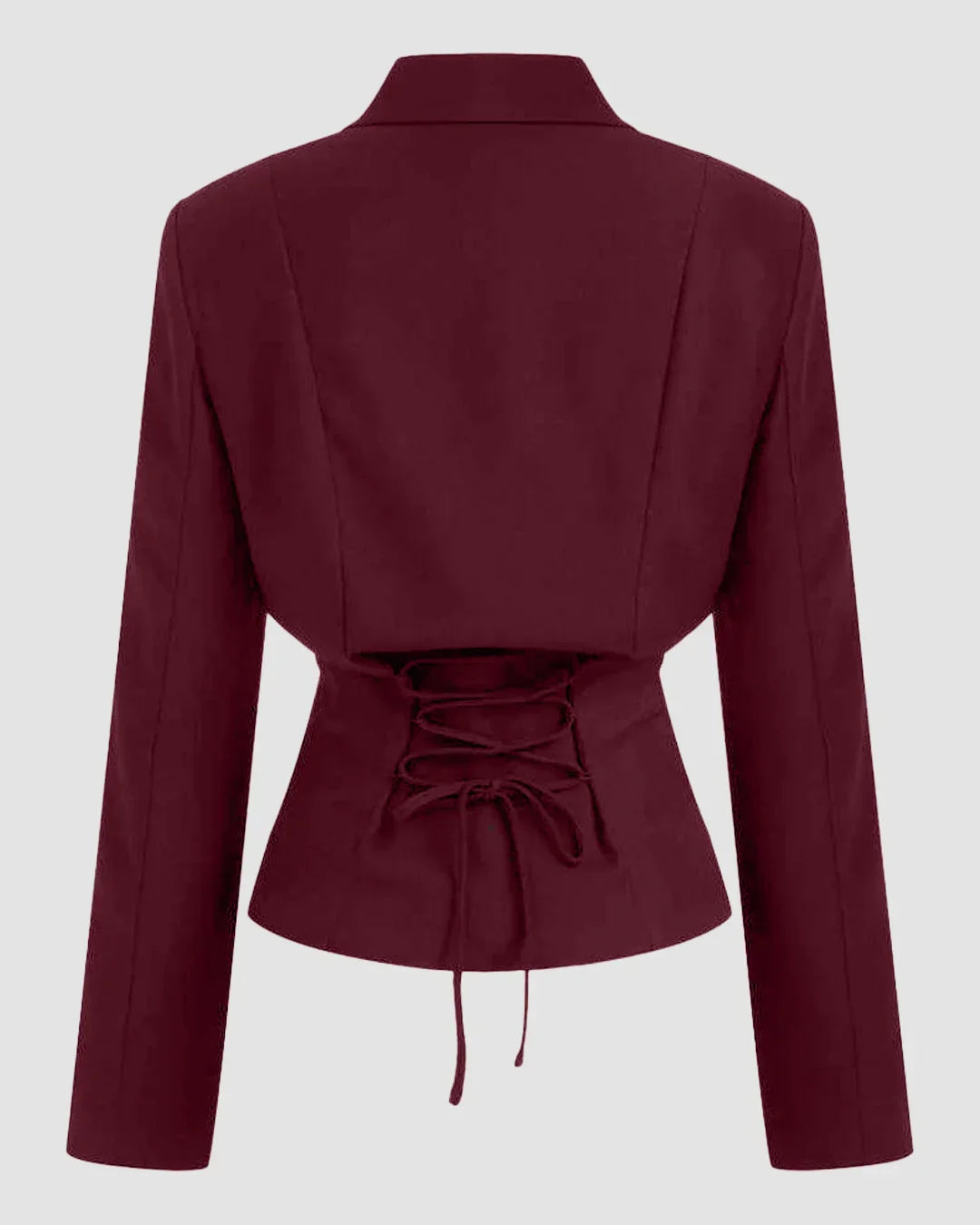 Woven Collar Solid Lace Up Button Blazer In Burgundy