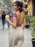 Printed Half Sleeve Stretchable Backless Top - Pinkkup