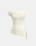 Off-shoulder Ruched Knotted Asymmetrical Hem Top in White