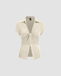 Ruched Front Collared Short Sleeve Top in Beige