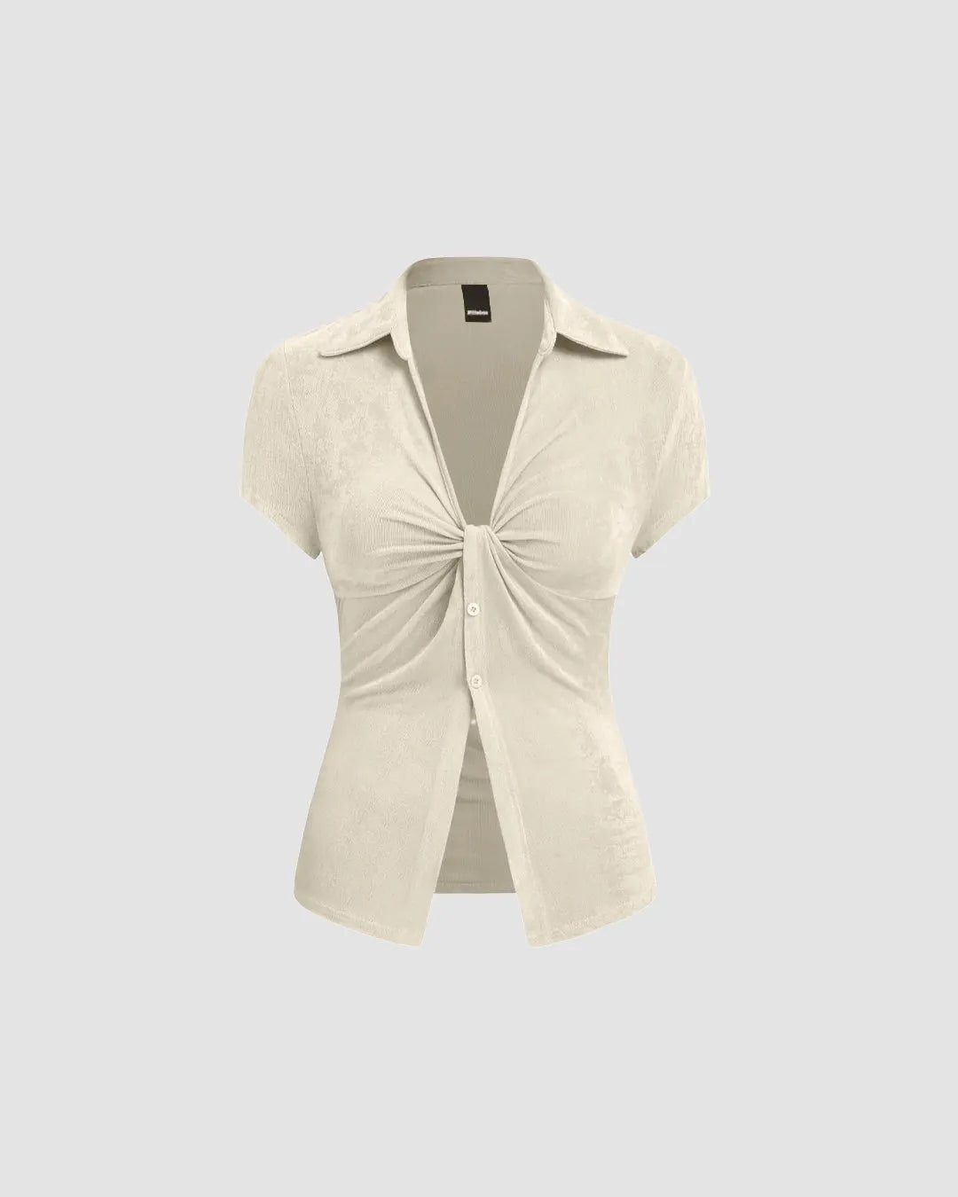 Ruched Front Collared Short Sleeve Top in Beige