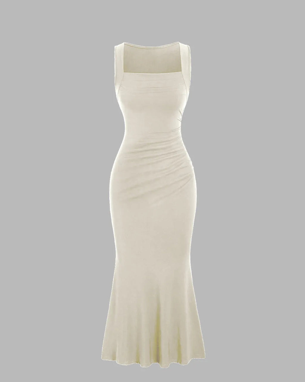Solid Color Square Neckline Pleated Waist & Sleeveless Off-white Dress
