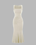 Solid Color Square Neckline Pleated Waist & Sleeveless Off-white Dress