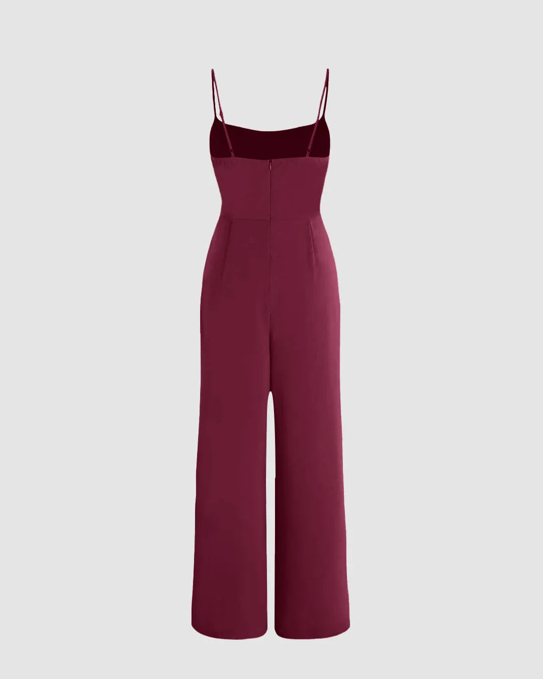 Solid Ruched Strappy-Sleeves Rose Red Jumpsuit