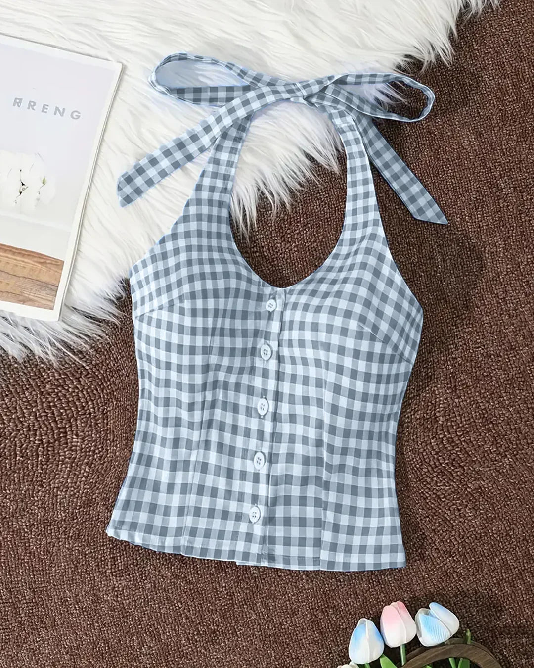 Blue Gingham Halter Neck Tie-Back Crop Top