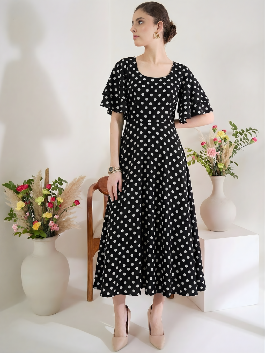 Stretchable Ruffled Sleeve Fit & Flare Dress