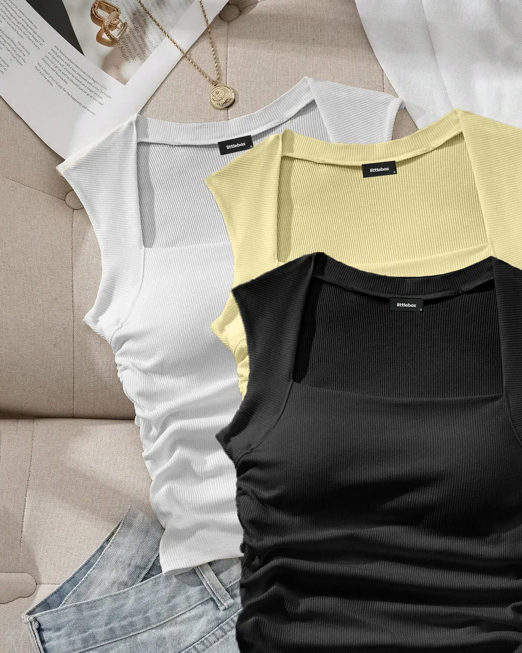 Sleeveless Square Neck Tops Combo in White, Black and Vanilla