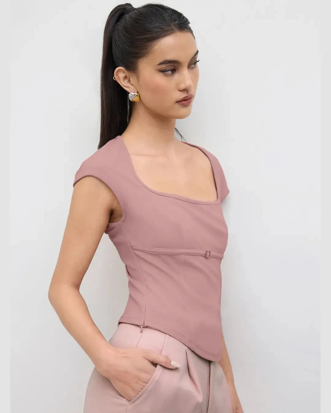Rose Pink Square Neck Short Sleeve Fitted Top