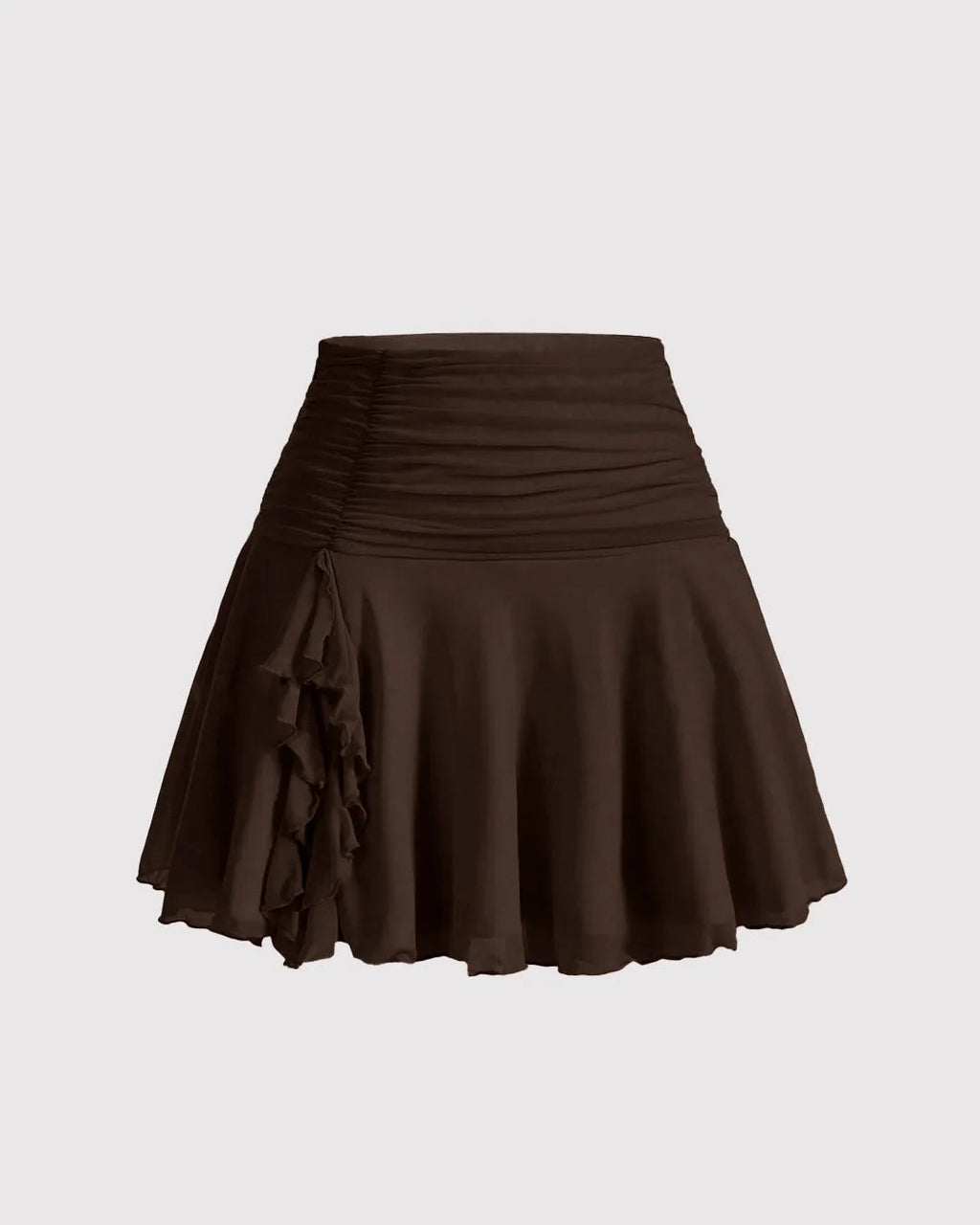 Solid High Waisted Ruched Ruffle Mesh Short Skirt In Chocolate Brown