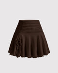 Solid High Waisted Ruched Ruffle Mesh Short Skirt In Chocolate Brown