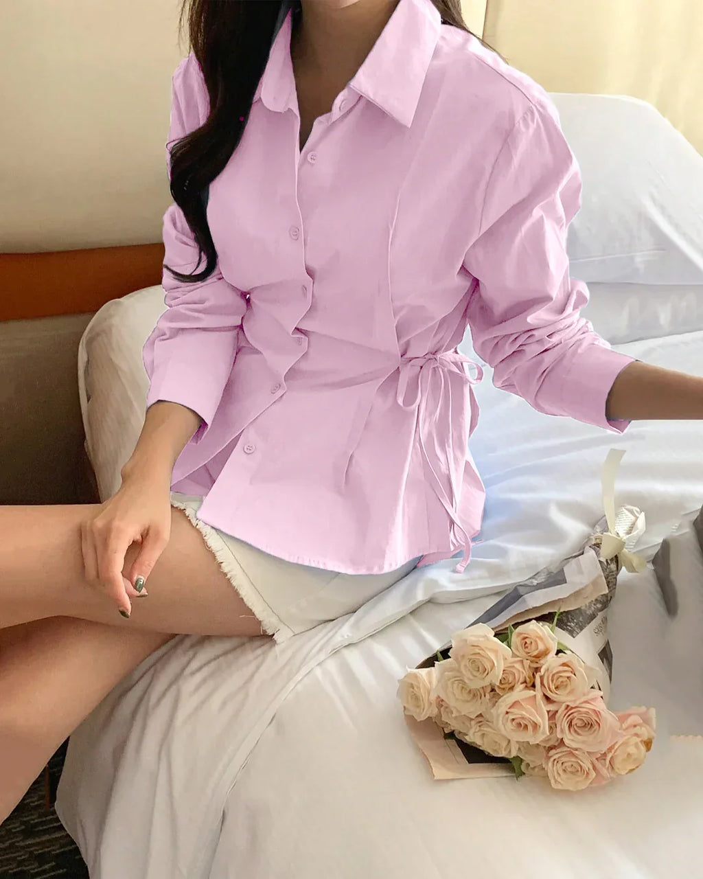 Button Down Collared Puff Sleeve Cotton Top in Pink