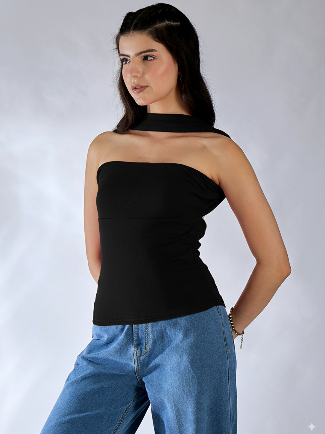 Stretchable Strapless Scarf Neck Top - Pinkkup