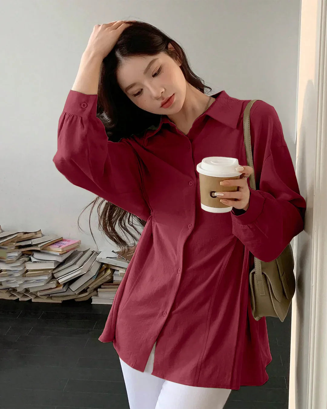 Pleated Button Down Full Sleeve Shirt in Cherry