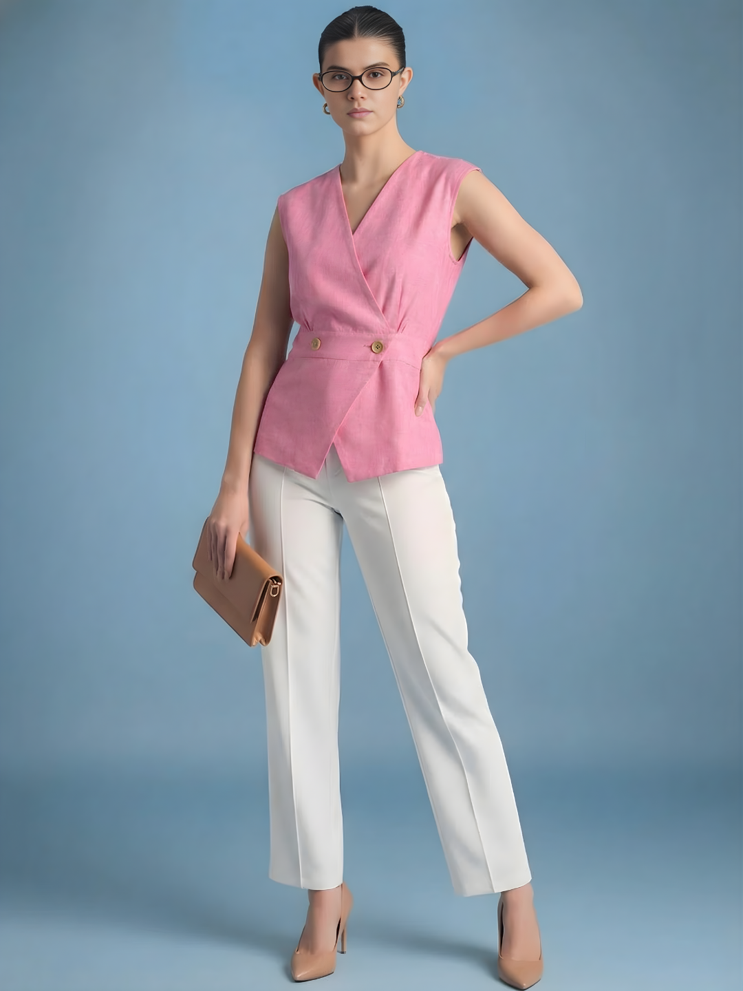 Sleeveless Pure Linen Wrap Vest - Pinkkup