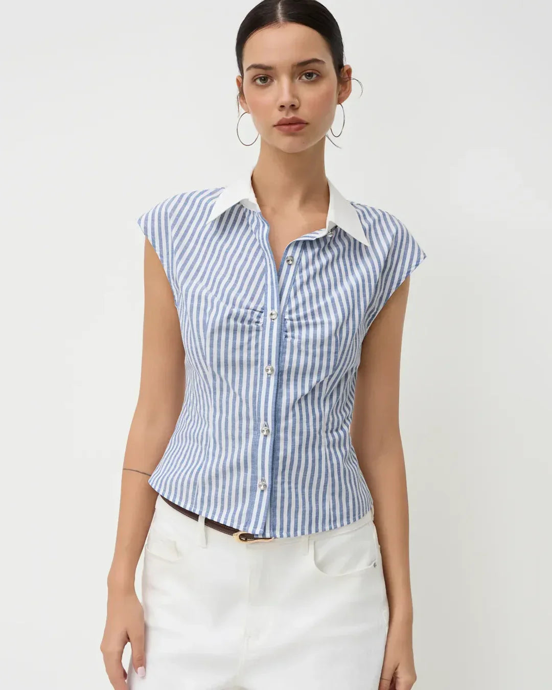 Striped Button Down Sleeveless Collar Top