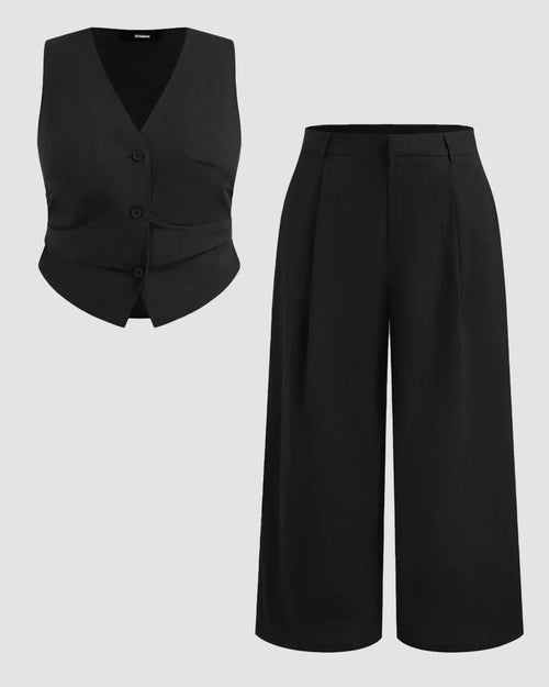 Black Sleeveless Button Vest & Wide-Leg Trousers Set Curve & Plus
