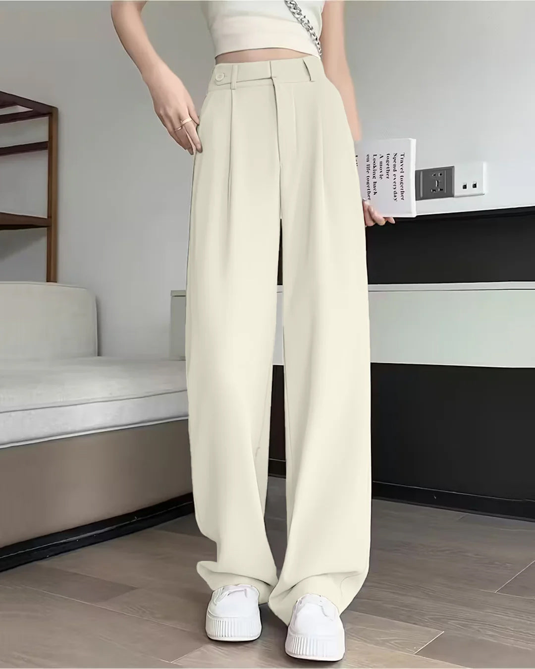 High Waist Straight Loose Solid A Line Trouser in Beige