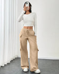 Minimal Brown Women's Cargo Trousers With Side Pockets and Drawstring Waist