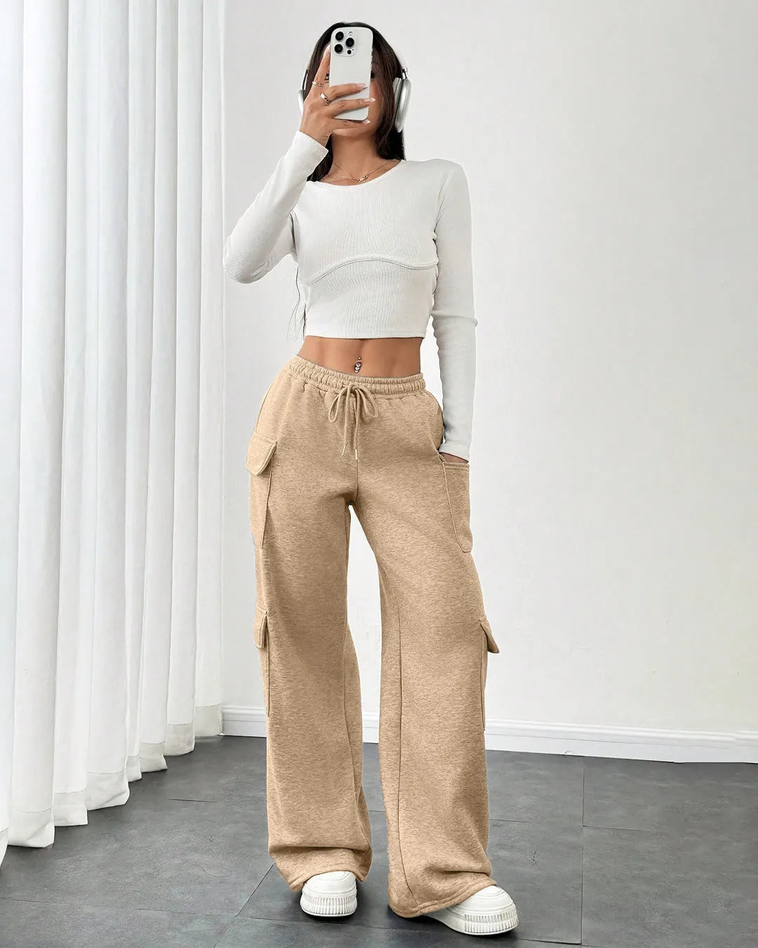 Minimal Brown Women's Cargo Trousers With Side Pockets and Drawstring Waist
